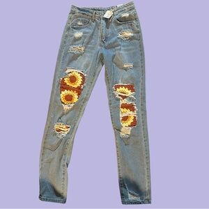 Upcycled Sunflower Embroidered Distressed Blue Jeans